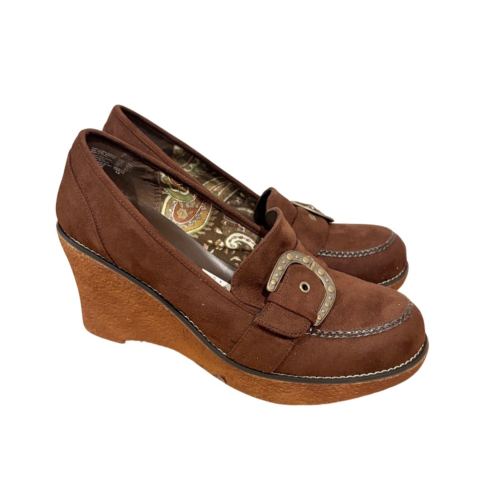 Lower East Side Y2K Brown Suede Buckle Platform Wedge Loafers 10W Whimsigoth VTG